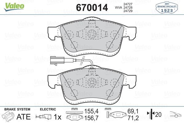 VALEO ÖN BALATA FIAT DOBLO III 10 OPEL COMBO 12 1.3D MTJ 1.4 1.6D MTJ 2.0D MTJ TEK FİŞLİ OEM: 77364929-77365311-77365396-WVA24727 - VALEO 670014 kodlu oto yedek parça görseli
