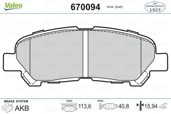 VALEO ARKA BALATA TOYOTA HIGHLANDER 13 446648120 OEM: 446648120 - VALEO 670094 kodlu oto yedek parça görseli