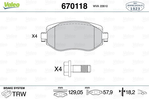 VALEO ÖN FREN BALATASI RENAULT MEGANE IV 15 TÜM MOTOR TİPLERİ G:129MM Y:58.4 MM K:18MM OEM: 410603407R-WVA22610-410605929R - VALEO 670118 kodlu oto yedek parça görseli