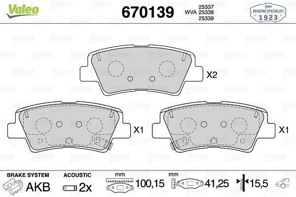 VALEO ARKA FREN BALATA HYUNDAI i20 1.2L G4LA 15-20 1.4L G4LC 15-18 1.4L D4FC CRDi 15-18 / ELANTRA 1.6L D4FB G4FG 16- / KIA SOUL 1.6L D4FB 14- / SPORTAGE 1.6L G4FD G4FJ T-GDI 15- 1.6L D4FE 18- delikli OEM: 58302C8A30-58302F2A30-58302D7A70 - VALEO 670139 kodlu oto yedek parça görseli