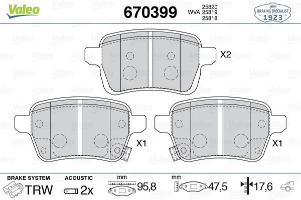 VALEO ARKA FREN BALATASI OPEL CORSA E 14 19 ADAM 14 19 15 JANT RPO J67 FIAT EGEA 16 500L 13 264mm 95517078-1605285-77367914-77366595 OEM: 95517078-1605285-77367914-77366595 - VALEO 670399 kodlu oto yedek parça görseli