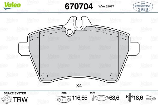 VALEO FREN BALATASI ON MERCEDES W169 W245 A1694202020 OEM: A1694202020 - VALEO 670704 kodlu oto yedek parça görseli
