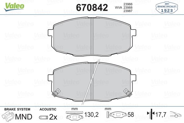 VALEO ÖN BALATA HYUNDAI İ30 1.4-1.6-2.0-1.6 CRDI-2.0 CRDI 10/07 KIA CEED 06 581011HA10-581011HA20-WVA23966 OEM: 581011HA10-581011HA20-WVA23966 - VALEO 670842 kodlu oto yedek parça görseli