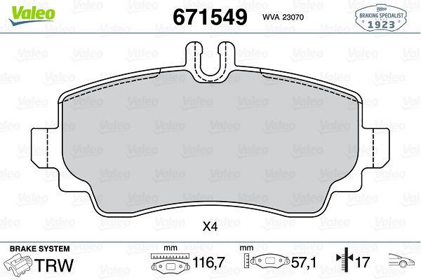 VALEO FREN BALATASI ON MERCEDES A-CLASS W168 99 04 A1684201420 OEM: A1684201420 - VALEO 671549 kodlu oto yedek parça görseli