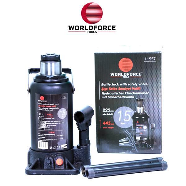 WORLDFORCE HİDROLİK ŞİŞE KRİKOSU 15 TON 225-445MM GARAJ EKİPMANLARI HIRDAVAT - WORLDFORCE 11557 kodlu oto yedek parça görseli