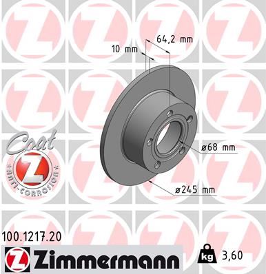 ZIMMERMANN ARKA FREN AYNASI PASSAT- 96-05 AUDI100 90-94 A6 1.8T-1.9TDI 94-05 SUPERB 02-08 245x10x5DL 986478132-986479B22-DF2651 4A0615601A OEM: 4A0615601A - ZIMMERMANN 100.1217.20 kodlu oto yedek parça görseli