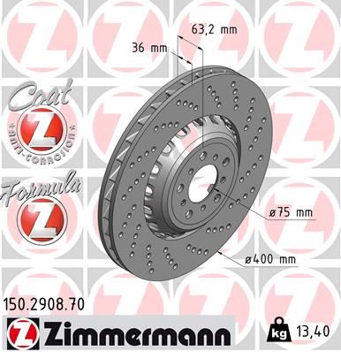 ZIMMERMANN FREN DİSKİ ON SAG BMW M5 F10 M6 F12 F13 F06 HAVALI DELIKLI CIFT PARCALI 34112284102 OEM: 34112284102 - ZIMMERMANN 150.2908.70 kodlu oto yedek parça görseli