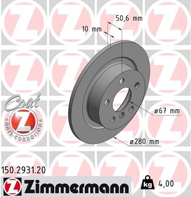 ZIMMERMANN FREN DISKI ARKA BMW F40 F45 F46 F48 F39 MINI F54 F57 F60 34206891085 OEM: 34206891085 - ZIMMERMANN 150.2931.20 kodlu oto yedek parça görseli