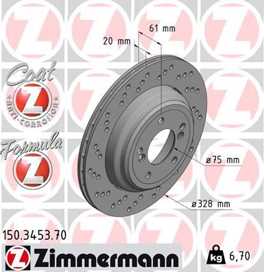 ZIMMERMANN FREN DISKI ARKA SOL BMW M3 E46 YÜKSEK KAPLAMALI HAVALI DELIKLI 34212282303 OEM: 34212282303 - ZIMMERMANN 150.3453.70 kodlu oto yedek parça görseli
