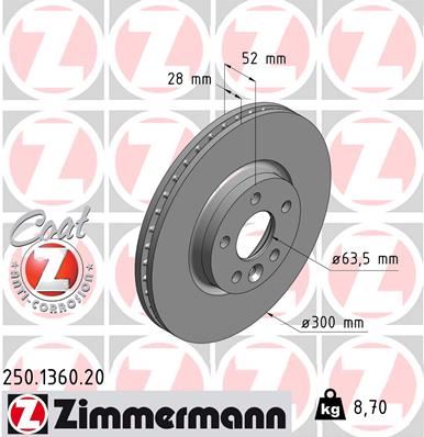 ZIMMERMANN FREN DISKI ON FREELANDER 2 L359 R.R EVOQUE L538 FORD S-MAX GALAXY 2 VOLVO S80 S60 V60 V70 7G911125BA-30769056-LR000571 OEM: 7G911125BA-30769056-LR000571 - ZIMMERMANN 250.1360.20 kodlu oto yedek parça görseli