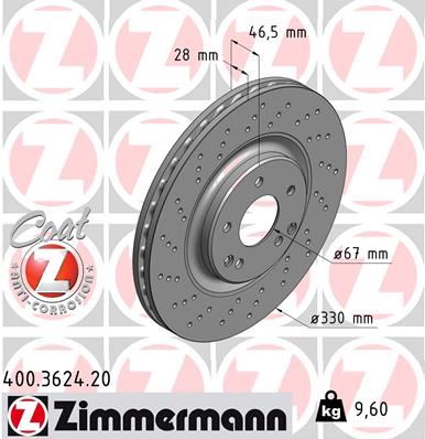 ZIMMERMANN FREN DISKI ON MERCEDES W203 CL203 S203 C209 A209 R171 AMG SPOR TIP A2034211312 OEM: A2034211312 - ZIMMERMANN 400.3624.20 kodlu oto yedek parça görseli