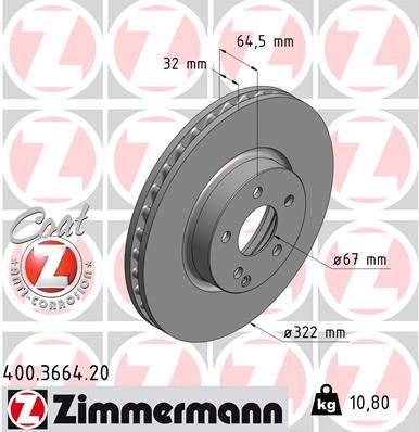 ZIMMERMANN FREN DISKI ON MERCEDES W204 S204 W212 C207 R172 A0004211212 OEM: A0004211212 - ZIMMERMANN 400.3664.20 kodlu oto yedek parça görseli