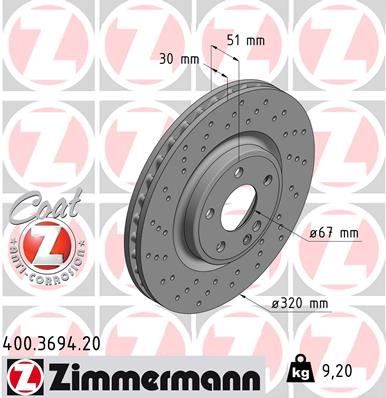 ZIMMERMANN FREN DISKI ON MERCEDES W176 W246 C117 X117 X156 A2464212712 OEM: A2464212712 - ZIMMERMANN 400.3694.20 kodlu oto yedek parça görseli