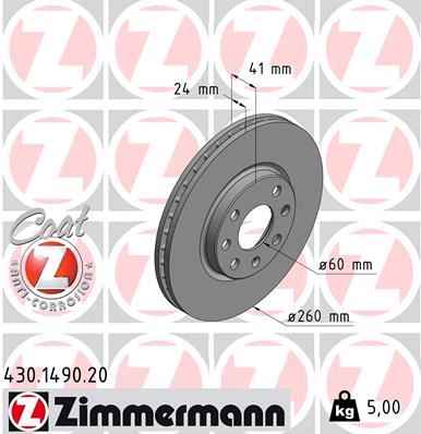 ZIMMERMANN ÖN FREN AYNASI CORSA C - COMBO C 01 11 MERIVA A 03 10 TIGRA 04 09 260x24x4DL HAVALI 95526646-569000-9127967-9196050 OEM: 95526646-569000-9127967-9196050 - ZIMMERMANN 430.1490.20 kodlu oto yedek parça görseli
