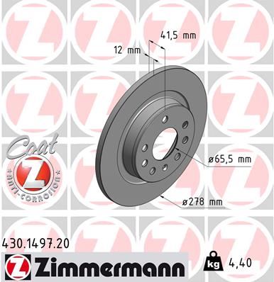 ZIMMERMANN ARKA FREN AYNASI VECTRA C 02 SIGNUM 03 SAAB 9.3 02 CROMA 05 278x12x5DL DOLU 569115-9156785-51799235-95526639 OEM: 569115-9156785-51799235-95526639 - ZIMMERMANN 430.1497.20 kodlu oto yedek parça görseli