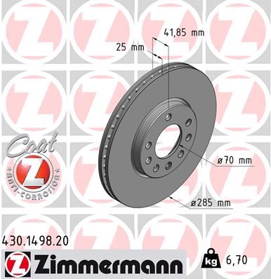 ZIMMERMANN ÖN FREN AYNASI VECTRA C 02 SIGNUM 03 SAAB 9.3 02 CROMA 05 285x25x5DLxHAVALI 46844071-51819733 569003-93171497-95526645-9156807 OEM: 569003-93171497-95526645-9156807 - ZIMMERMANN 430.1498.20 kodlu oto yedek parça görseli