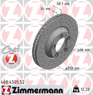 ZIMMERMANN FREN DİSK DELİKLİ ON SAG PORSCHE CAYENNE 9YA 17 PANAMERA 971 16 350 MM - 34 MM 971615302-9Y0615302 OEM: 971615302-9Y0615302 - ZIMMERMANN 460.4505.52 kodlu oto yedek parça görseli