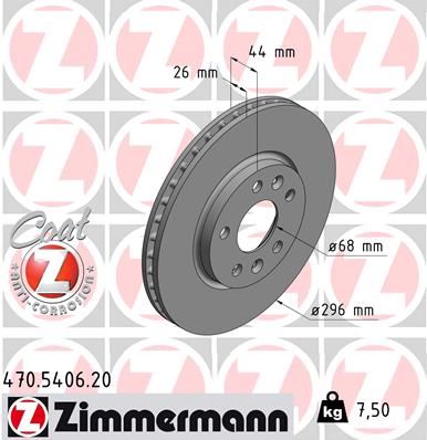 ZIMMERMANN ÖN FREN DİSKİ RENAULT MEGANE IV 15 TALISMAN 15 DIŞ ÇAP:296MM K:26MM Y:44MM 5 DELİK OEM: 402062000R - ZIMMERMANN 470.5406.20 kodlu oto yedek parça görseli