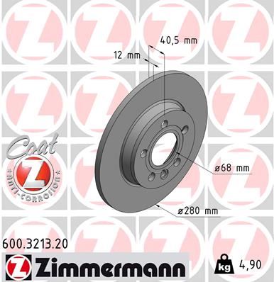 ZIMMERMANN ARKA FREN AYNASI TRANSPORTER IV 1.9TD 2.4D 2.5 TDİ 05/96-04/03 280x12x5DL 986478871-DF4047 701615601A-7D0615601 OEM: 701615601A-7D0615601 - ZIMMERMANN 600.3213.20 kodlu oto yedek parça görseli