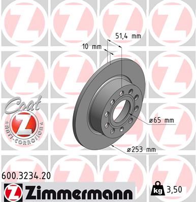 ZIMMERMANN ARKA FREN AYNASI GOLF V-VI-OCTAVIA 04 TOLEDO III ALTEA 04 LEON 04 CADDY III A3 03 255x10x9DL 986479099-DF4276 1K0615601K-1K0615601AB OEM: 1K0615601K-1K0615601AB - ZIMMERMANN 600.3234.20 kodlu oto yedek parça görseli