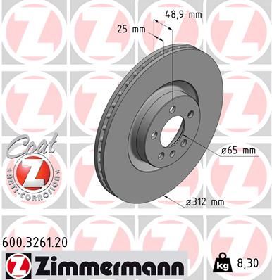 ZIMMERMANN FREN DİSKİ POLO 6 AW 2.0 TSI 16V 2Q0615301N-2Q0615301N OEM: 2Q0615301N-2Q0615301N - ZIMMERMANN 600.3261.20 kodlu oto yedek parça görseli