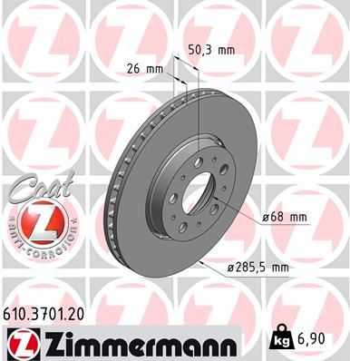 ZIMMERMANN ÖN FREN AYNASI VOLVO S60 00-10 S80 98-06 V70 97-07 XC70 00-07 285x5DL KÜÇÜK TİP 986479210-DF4238 272403-31262706 OEM: 272403-31262706 - ZIMMERMANN 610.3701.20 kodlu oto yedek parça görseli