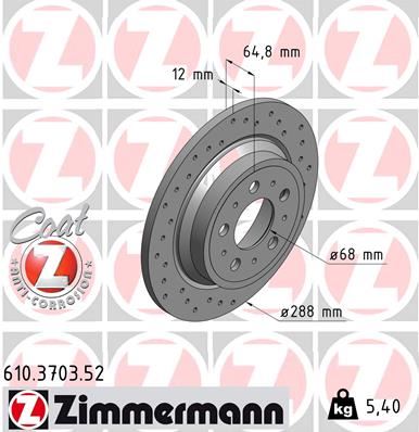 ZIMMERMANN ARKA FREN AYNASI VOLVO S60 01-10 S70 01-05 S80 98-06 XC70 00-07 288x12x5DL DELİKLİ 986478495-DF4066 OEM: 9434167-94341674-94341670 - ZIMMERMANN 610.3703.52 kodlu oto yedek parça görseli