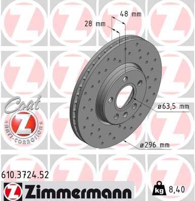 ZIMMERMANN ARKA FREN DİSK VOLVO S60 2019 S90 2016 2019 V60 2018 V90 2016 CAP296X5 DELİKLİ ADET 31423722 OEM: 31423722 - ZIMMERMANN 610.3724.52 kodlu oto yedek parça görseli